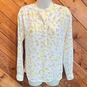 🆕 a.n.a sheer long sleeve pullover button blouse top white yellow medium petite